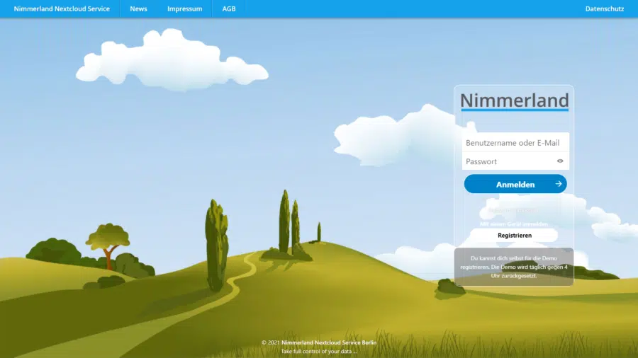 Screenshot der Startseite der Testinstallation von Nimmerland Nextcloud Basic