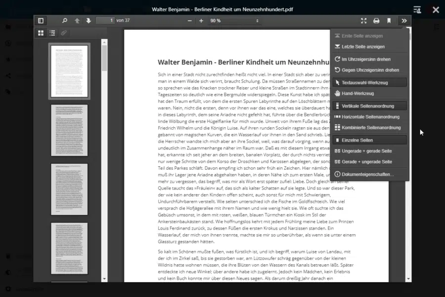 Screenshot des Nextcloud PDF-Betrachters. Im rechts eingeblendeten Menü lassen sich verschiedene Optionen der Darstellung auswählen.