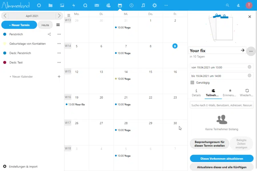 Screenshot einer Nextcloud-Kalender-Ansicht. In Verbindung mit "Talk" lassen sich Besprechungsräume gleich aus dem Kalender erstellen.
