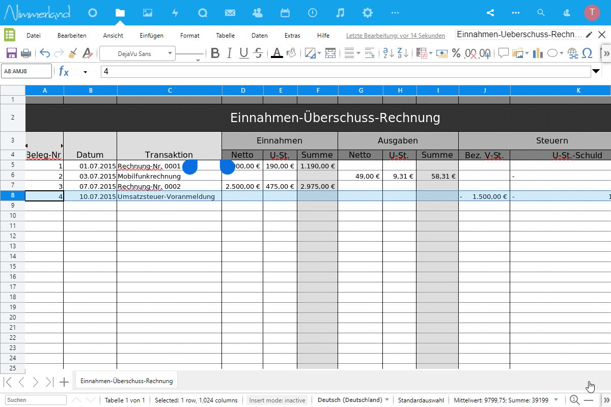 Einnahme-Überschuss-Rechnung in der Collabora App mit LibreOffice Online